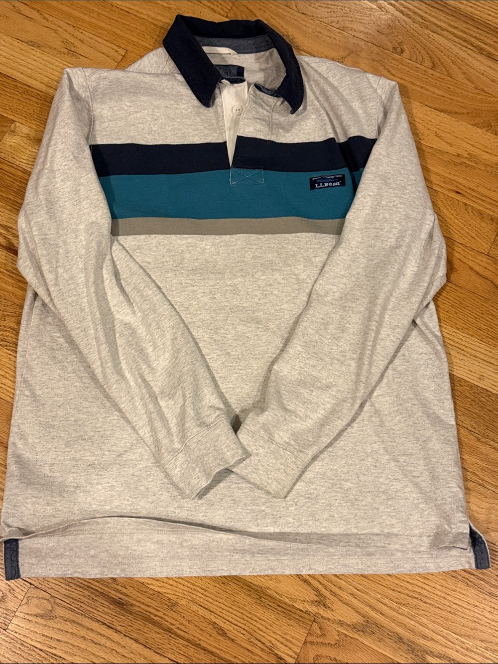 L.L. Bean Light Gray rugby style polo with Teal and Navy Stripes - EUC